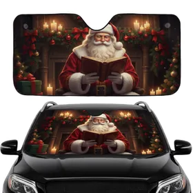 Santa Claus Fireplace Garlands Antique Book Christmas Travel Car Sunshade