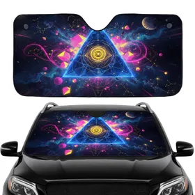 Mystical Cyberpunk Glowing Blue Pyramid All-Seeing Eye Cosmic Expanse Car Interior Upgrade Car Sunshade