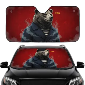 Bear Navy Peacoat White Stripes Vibrant Yellow YOU Text Crimson Red - Car Interior Upgrade Car Sunshade