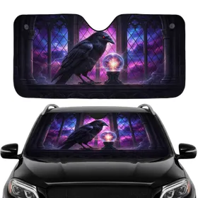 Black Raven Glowing Crystal Ball Arcane Gothic Stained Glass Car Interior Upgrade Car Sunshade