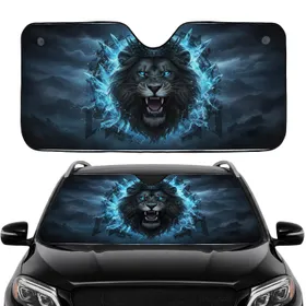 Roaring Black Lion Electric Blue Eyes Crowned - Car Interior Upgrade Car Sunshade