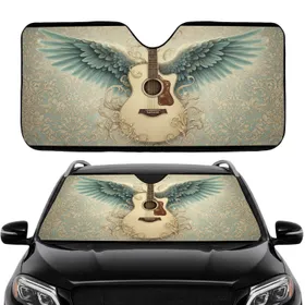 Acoustic Guitar Feathered Wings Scrollwork Floral - Car Interior Upgrade for Music Lover Car Sunshade