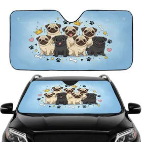 Fawn Black Pugs Bones Paw Prints Crowns Hearts Stars - Car Interior Upgrade Pug Lover Gift Car Sunshade