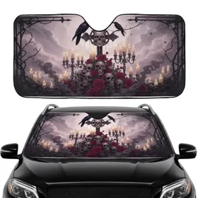 Dark Gothic Skull Cross Raven Rose Candles Spiderwebs - Car Interior Upgrade Car Sunshade