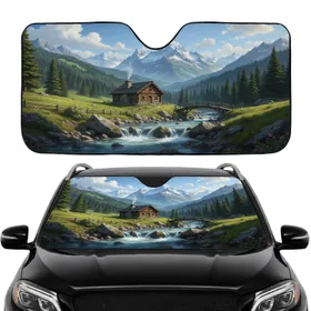 Rustic Log Cabin Stone Chimney Mountain River Bridge Alpine Forest Peaks - Road Trip Gift Car Sunshade