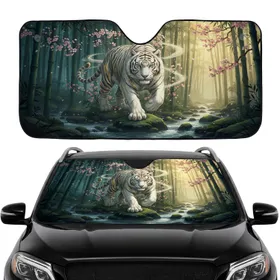 White Tiger Bamboo Forest Cherry Blossoms - Car Interior Upgrade Car Sunshade