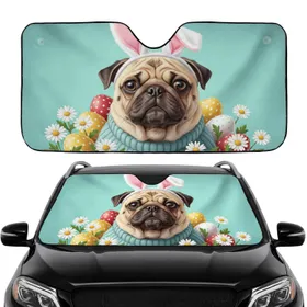 Pug Dog Bunny Ears Easter Eggs Daisies - Car Interior Upgrade for Dog Owners Car Sunshade