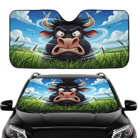 Comically Stressed Bull Head Pastoral Landscape - Car Interior Upgrade Gift Car Sunshade