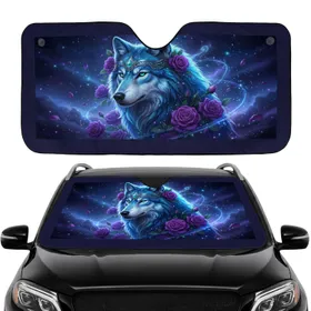 Majestic Blue Wolf Purple Roses Cosmic Starry Night - Auto Interior Upgrade for Wolf Lovers Car Sunshade