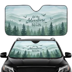 Evergreen Forest Mountain Range Soaring Birds Adventure Text - Road Trip Gift Car Sunshade
