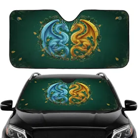 Majestic Golden Blue Dragon Pair Botanical Vines - Commute Accessory Car Interior Car Sunshade