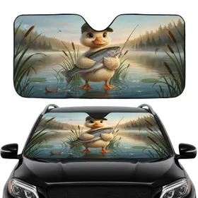 Fluffy Duckling Camo Cap Fishing Speckled Trout Lakeside Scene - Road Trip Gift for Angler Car Sunshade