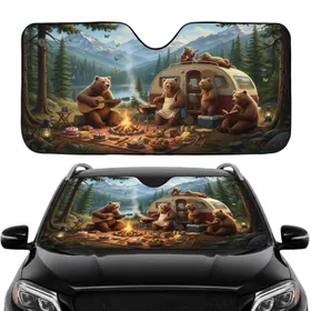 Grizzly Bears Camping Guitar Grill Lake Mountains - Road Trip Gift for Camper Car Sunshade