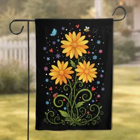 Yellow Orange Daisy Flowers Bee Ladybug Butterfly - Nature Lover Home Decor Gift Garden Flag
