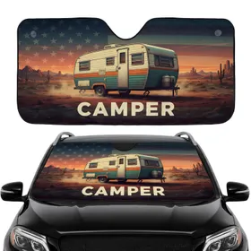 Vintage Travel Trailer CAMPER Distressed Flag - Road Trip Gift Car Sunshade