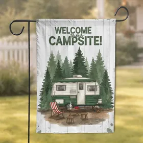 Welcome to Our Campsite Vintage Travel Trailer - Forest Camping Lover Gift Garden Flag