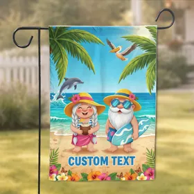 Custom Text Pair of Gnomes Tropical Beach - Summer Vacation Gift for Gnome Lovers Beach Goers Garden Flag