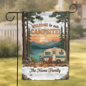 Custom Name Lakeside Camping Scene Vintage Camper Welcome Campsite - Campsite Decor Gift for Family Garden Flag