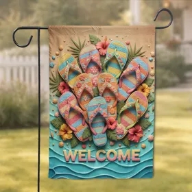 Welcome Flip Flops Sandals Hibiscus Palm Fronds Tropical - Summer Beach House Decor Garden Flag