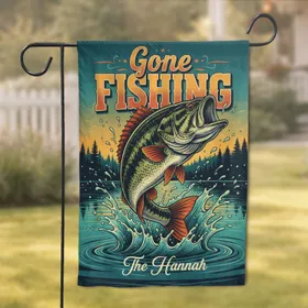 Custom Name Large Bass Fish Leaping 'Gone FISHING' Pine Lake Scene - Fishing Lover Gift for Dad Garden Flag