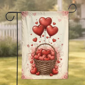 Vibrant Red Hearts Polka Dot Basket Balloons - Romantic Home Decor Gift Garden Flag
