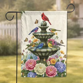 Stone Bird Bath Fountain Songbirds Garden Flowers Butterflies - Home Decor Gift Garden Flag
