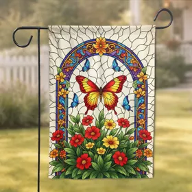 Ornate Stained Glass Butterfly Archway Floral Garden Greenery Panel - Home Decor Gift Garden Flag
