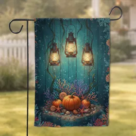Underwater Lanterns Pumpkins Seashells Starfish - Autumn Ocean Home Decor Gift Garden Flag