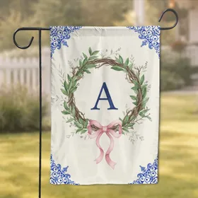 Monogram Custom Letter Botanical Wreath Pink Bow - Chinoiserie Home Decor Gift Garden Flag