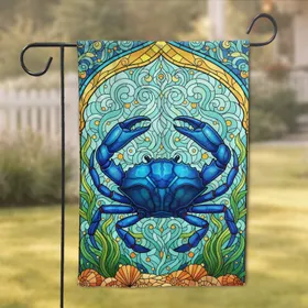 Stained Glass Blue Crab Seaweed Seashells - Underwater Life Lover Home Decor Gift Garden Flag