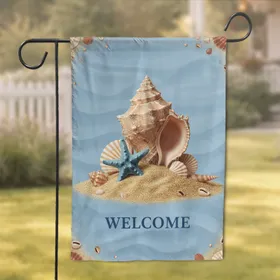 Conch Shell Starfish Seashells Golden Beach Sand Welcome - Coastal Home Decor Gift Garden Flag