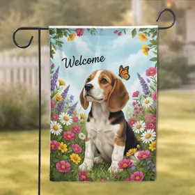 Beagle Puppy Welcome Wildflower Butterfly Home Decor Gift for Dog Lover Garden Flag