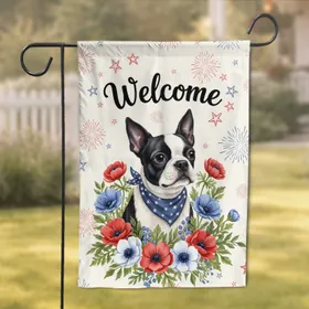 Welcome Boston Terrier Patriotic Floral - Home Decor Gift for Dog Lovers Garden Flag