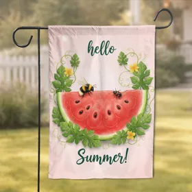 Juicy Watermelon Slice Bumblebee Beetle Vines Green Leaves Hello Summer - Summer Home Decor Gift Garden Flag