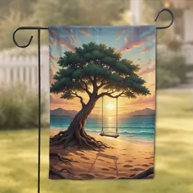 Rustic Wooden Swing Majestic Tree Beach Ocean Golden Sunset - Home Decor Gift Garden Flag