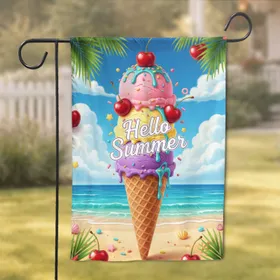 Hello Summer Ice Cream Cone Tropical Beach - Summer Holiday Decor Garden Flag