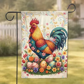 Majestic Rooster Easter Eggs Blooming Flowers - Easter Holiday Gift Garden Flag