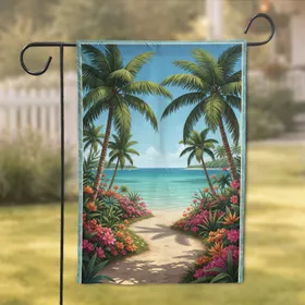 Winding Sandy Path Tropical Beach Bougainvillea Palms Lagoon - Summer Home Decor Gift Garden Flag