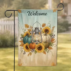 Welcome Autumn Pumpkins Lantern Sunflowers - Farmhouse Home Decor Gift Garden Flag