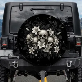 High Contrast Realistic Human Skulls White Flowers Dark Botanical Foliage - Unique Vehicle Accessory Spare Tire Cover