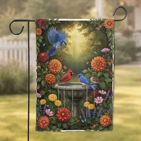 Birdbath Colorful Birds Garden Dahlias - Wildlife Lover Home Decor Gift Garden Flag