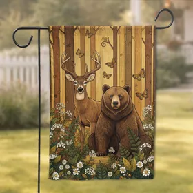 Buck Deer Brown Bear Forest White Wildflowers Butterflies - Wildlife Lover Gift Garden Flag
