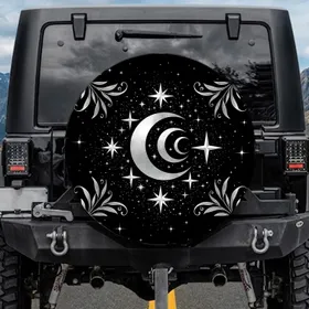 Silver Crescent Moon Stars Botanical Leaves Celestial Night Sky Home Decor Gift Spare Tire Cover