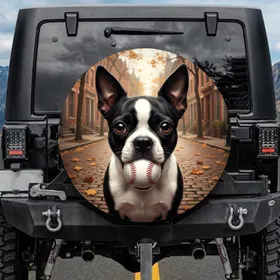 Boston Terrier Baseball Autumn Leaves Cobblestone Street Buildings - Pet Lover Fall Decor Spare Tire Cover