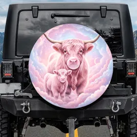 Fluffy Pink Highland Cow Calf Blowing Bubbles Celestial - Home Decor Gift for Cow Lover Spare Tire Cover