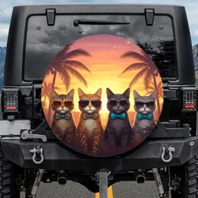 Stylish Cats Sunglasses Bow Ties Tropical Sunset Palm Trees - Cat Lover Gift Spare Tire Cover