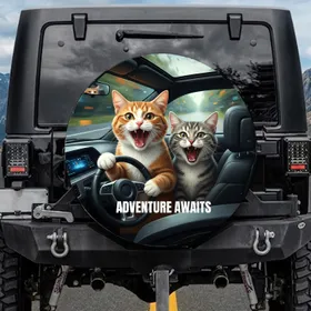 Ginger Grey Screaming Tabby Cats Steering Wheel Car Cabin Road Scene - Cat Lover Gift Spare Tire Cover