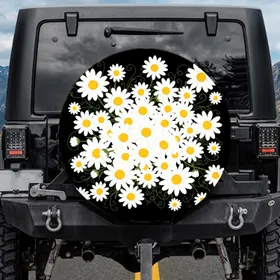 Organic Flowing Daisy Flowers Yellow Centers Velvety Black Background Nature Lover Gift Spare Tire Cover