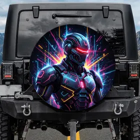 Futuristic Robot Neon Glowing Visor - Auto Enthusiast Visual Art Gift Spare Tire Cover