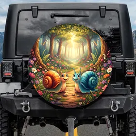Cartoon Snails Wildflower Forest Path - Wildlife Lover Gift Spare Tire Cover
